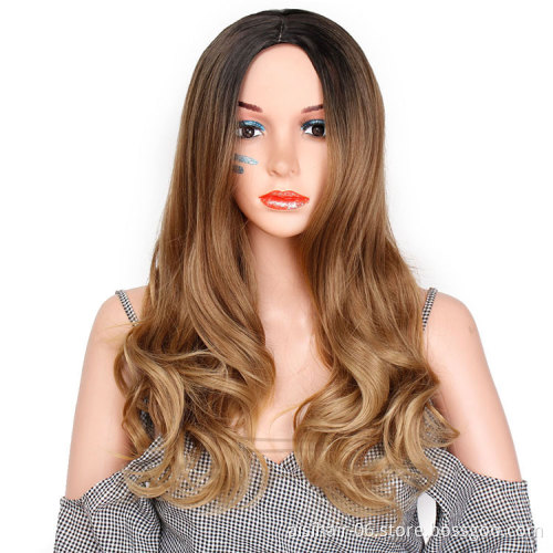 Aisi Hair Ombre Brown Synthetic Long Wavy Wigs Middle Part Dark Roots Body Wavy Wigs for Black Women